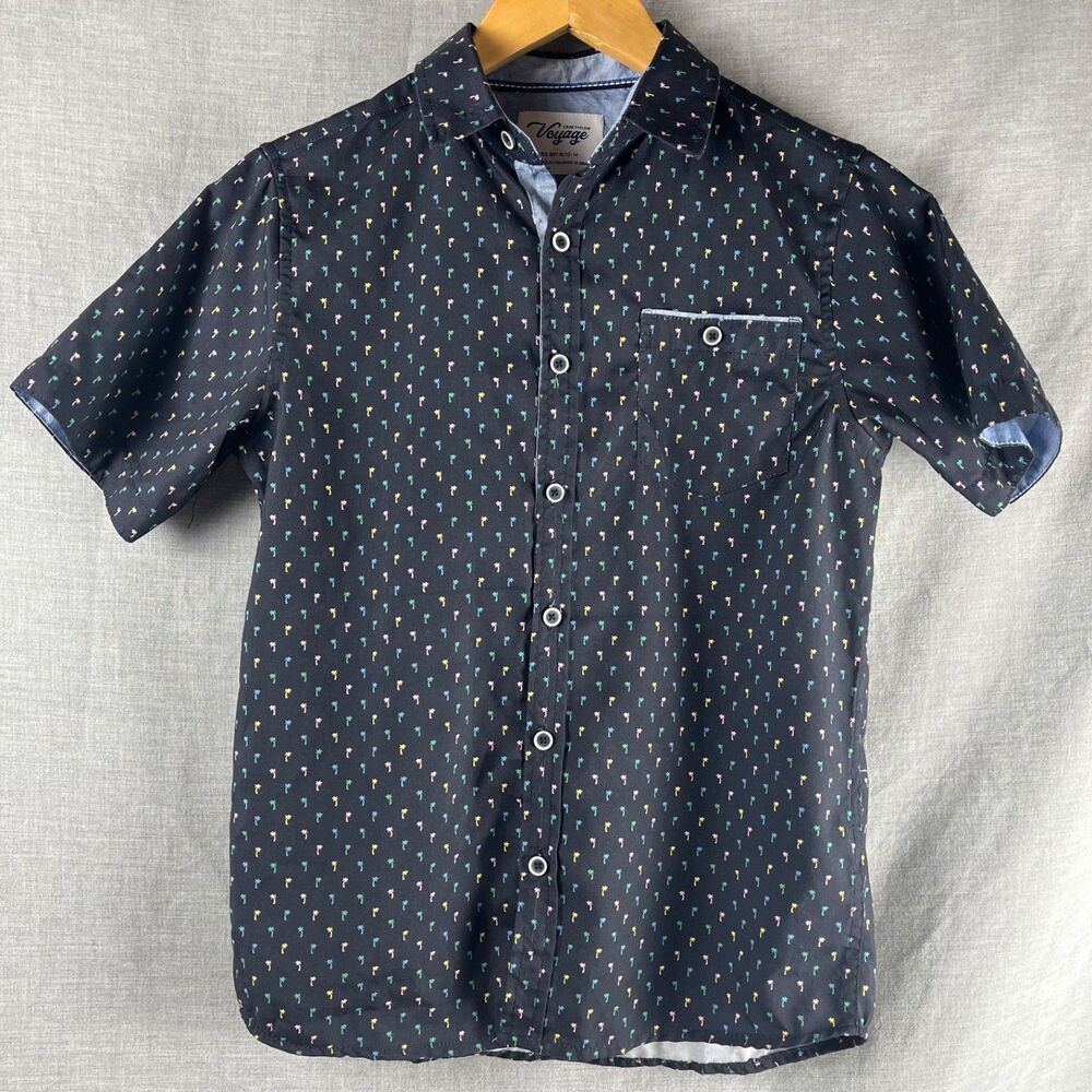 Craft + Flow Button Up Shirt Boy's Size 10-11 Navy Hawaiian Palm Trees Voyage